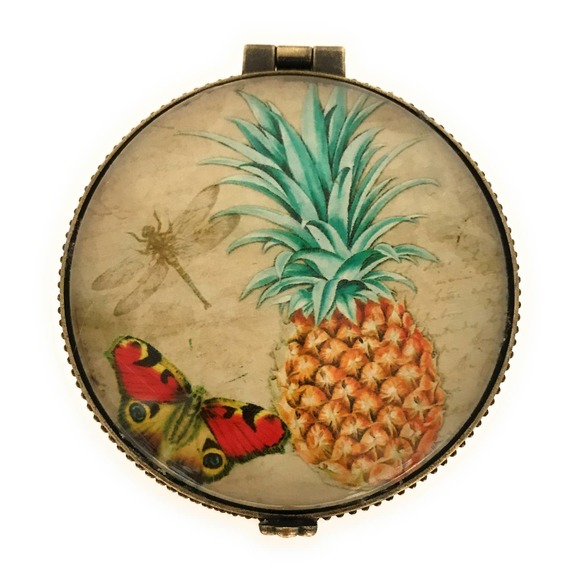 Pineapple & Butterfly Trinket Box, Ceramic and Glass, French Inspired, 2.5"Round - Picture 3 of 4